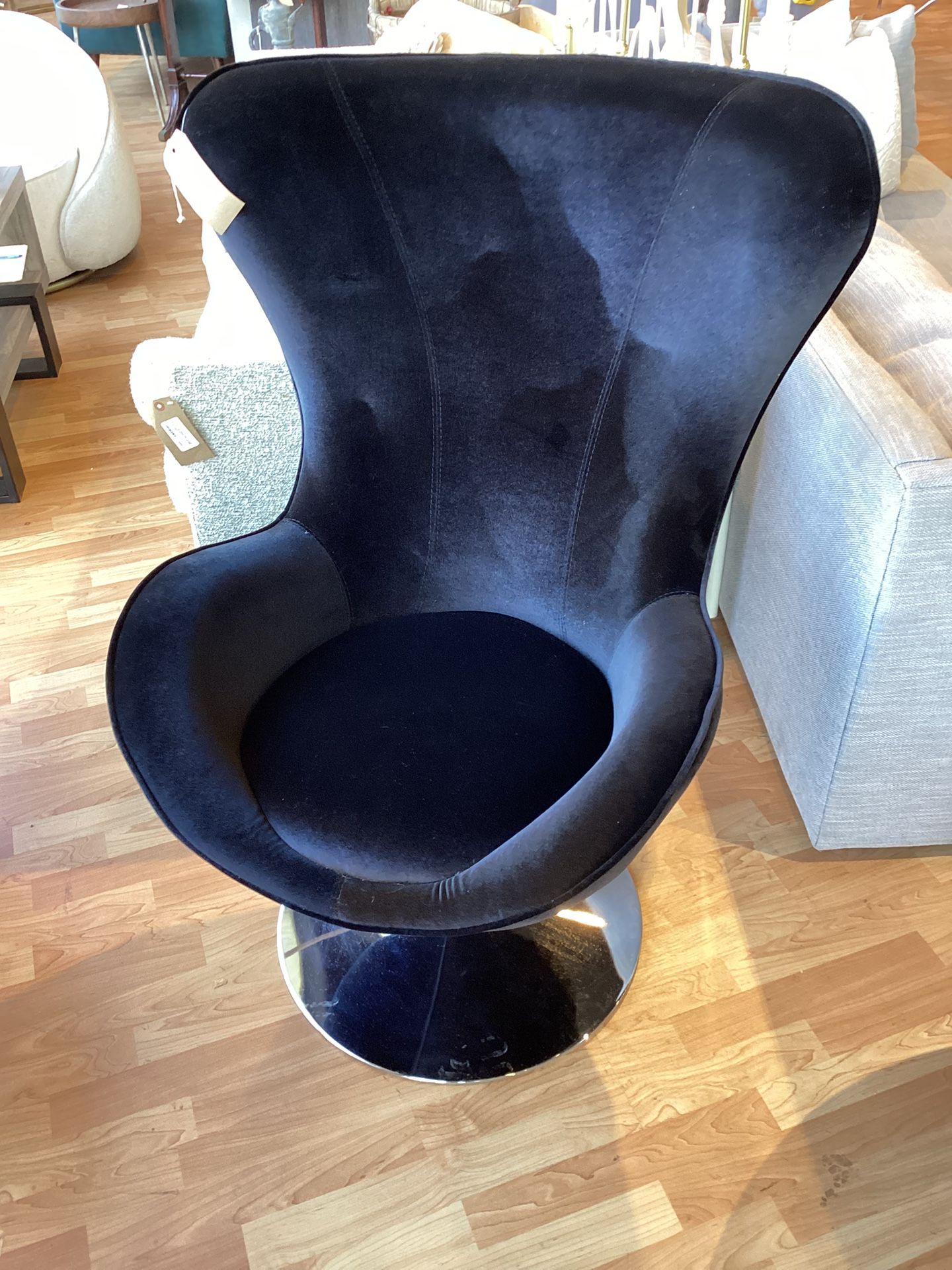 Chair: Black Plush "Wingback" Chair with Chrome Circular Base SKU VJ8FPL