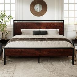 King Size Platform Bed Frame with Wooden Headboard and Footboard, Heavy Duty 12 Metal Slats Support, No Box Spring Needed, Under-Bed Storage, Noise Fr