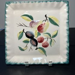 NPS Nora Stone Pottery 1960s Square Hand Painted Fruit Cottagecore Plate, 10”