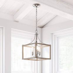 Hampton Bay Boswell Quarter 14 in. 3-Light Brushed Nickel Farmhouse Square Chandelier with Painted Weathered Gray Wood Accents Store SKU# 1002-427-108