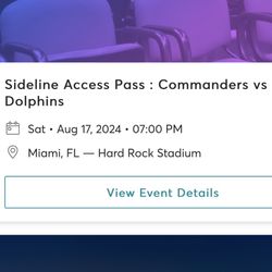 Miami Dolphins Vs Commanders Sideline Access Pass/Ticket On Field