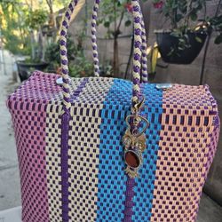 Medium multicolor, Mexican Handwoven Recycled Plastic Tote Bag.

