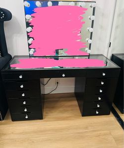 Black Vanity Desk with Hollywood Mirror