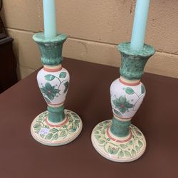 Pair of VTG Pfaltzgraff Ceramic Candlestick Holders, Green & White, 8 1/2" 