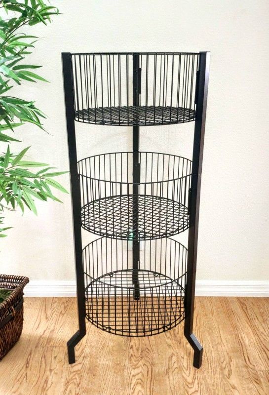 Black 3-Tiered Large Round Metal Wire Bin Display Dump Basket Rack Tower