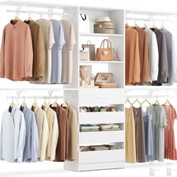 Closet System with 4 Drawers, 8FT Wood Closet Organizer System, 96’’ Closets Built In System Tower with Shelves, Walk-in Closets Wardrobe Clothes Garm