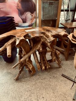 Gorgeous unique rare live edge wood root table teak approx 50 wide 30 high stunning
