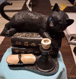 Black Cat Resin Figurine with Books and Candle