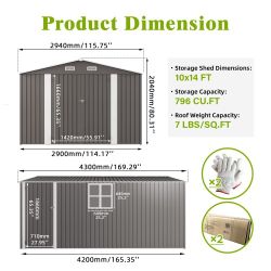 10x14 FT Outdoor Metal Storage Shed, Durable Garden Shed with Three Lockable Doors and Clear Window for Backyard, Patio, Garden, All-Weather Shelter f