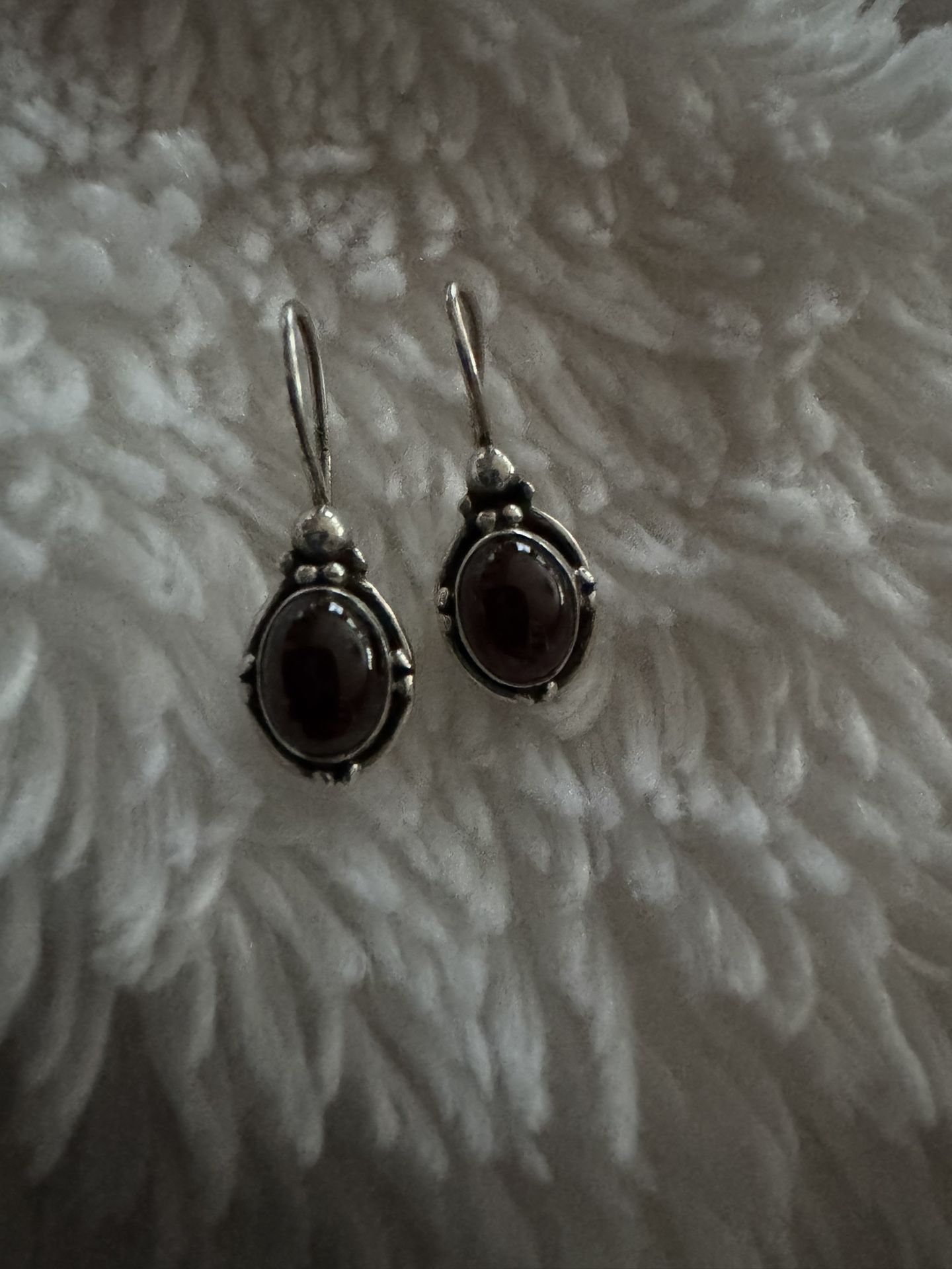 Vintage Natural Garnet Cabochon Sterling Silver Drop Earrings