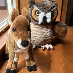 PLUSH Stuffed Animals (Deer & Owl) Fawn, Great Horned Owl