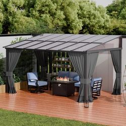 10' x 14' Gazebo, Hard Top Lean to Gazebo Wall Mount Heavy Hardtop Gazebo Outdoor Pergola with Curtains and Netting for Patio Garden Lawn Backyard Dec