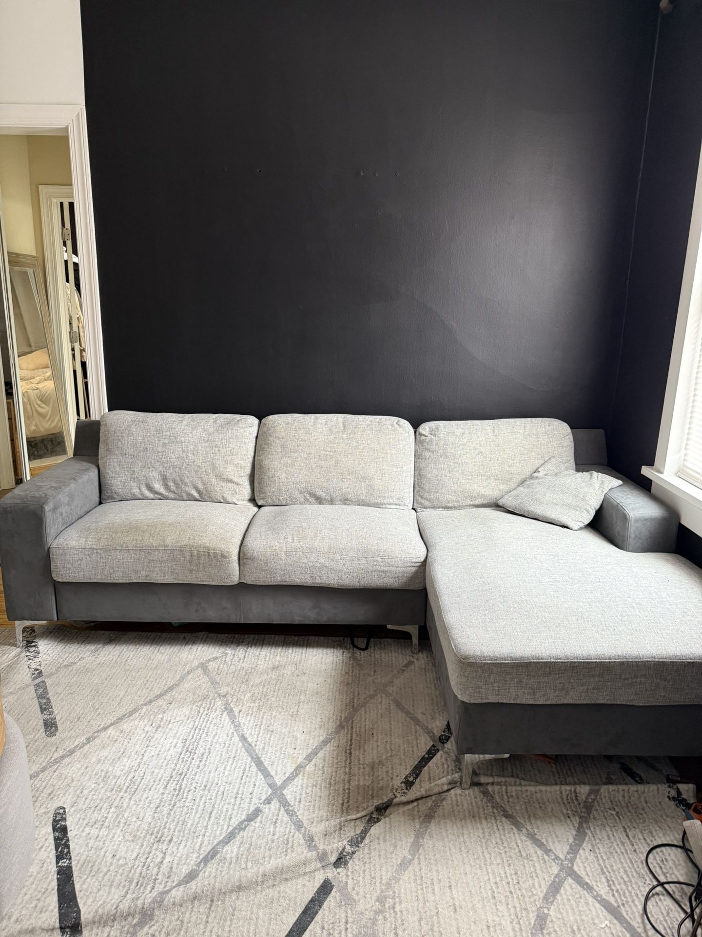 Gray Sectional Sofa Chaise Two Tone Tweed Velvet 103 Inches