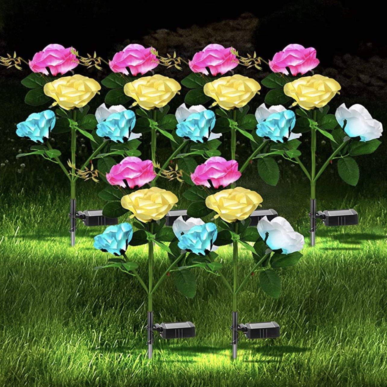6 Pack Solar Flowers Lights Solar Lights Outdoor 24 Romantic Rose Lights for Garden Solar Roses Decorative 7 Color Changing Led Waterproof Solar Rose