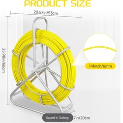 Fish Tape Fiberglass 6MM 500FT, Duct Rodder Fish Tape Wire Puller, Electrical Fish Tape Cable Running Rod with Steel Reel Stand
