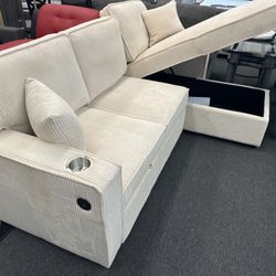 New Beige Reversible Sectional W/ Cup Holder