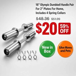 New 16" Olympic Dumbbell Handle Pair for 2" Plates, Includes 4 Spring Collars