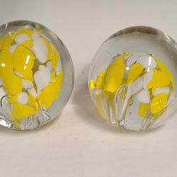 2 Beautiful Vintage Yellow & White Glass Paperweights 