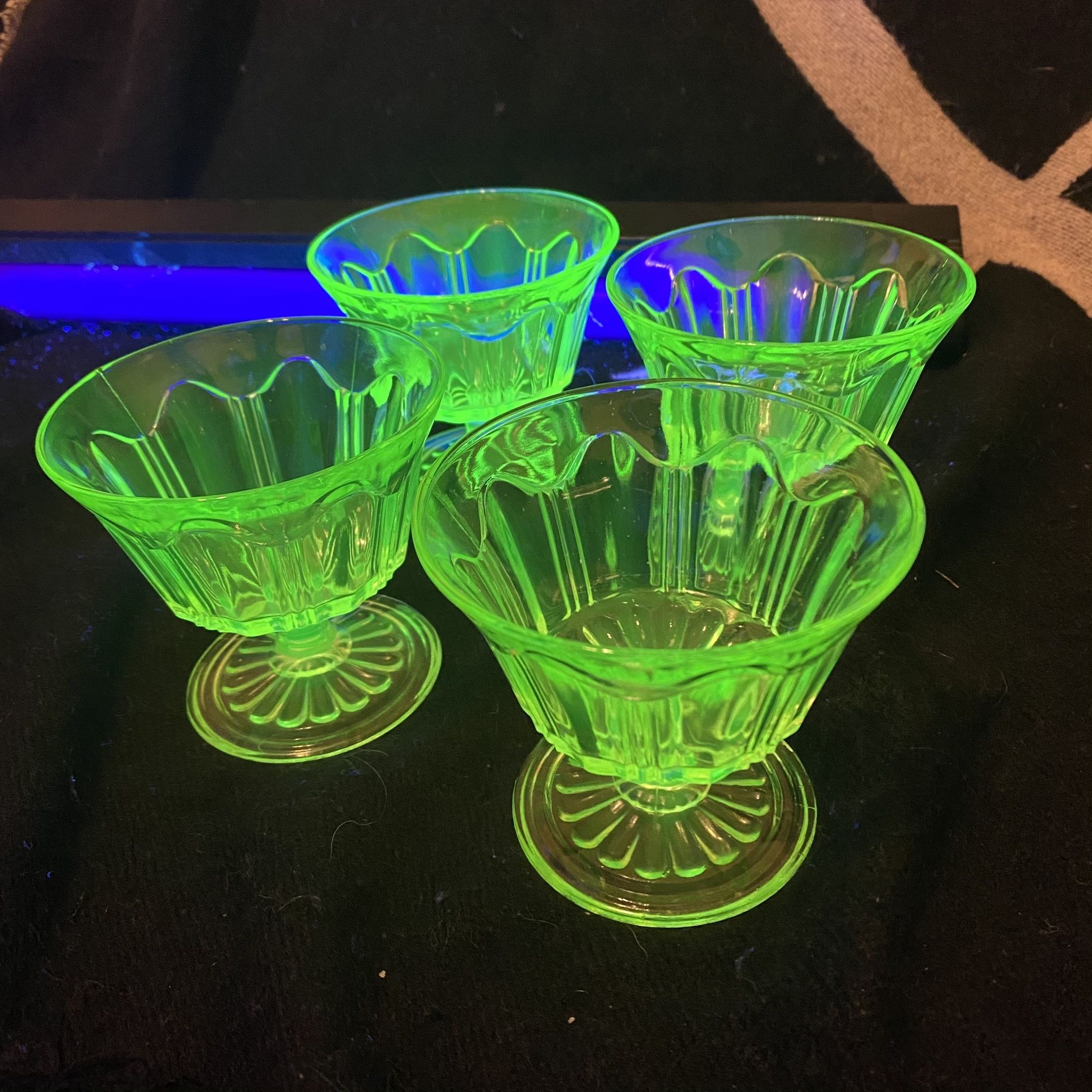 Vintage Depression Glass Four Vaseline Uranium Glasses Thumbprint Pattern Footed Dessert Cups