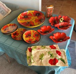 Stonelite Poppies CLAY ART Serving platter 17 inches, 5- 8.5 inch plates, 2 serving dishes and a big divided dish, two matching dish towels and sho