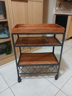 31.5'' Tall Industrial Style Rolling Kitchen Island Wine Cart ~ Wood Mobile Metal Wine Bar Cart~ Black & Brown