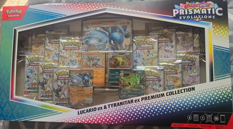 Prismatic Evolutions Lucario Ex And Tyranitar ex premium collection box