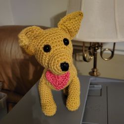 Crocheted Chihuahua dog with pink heart collar 