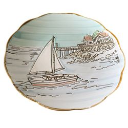 Coastal Sketch Salad Plate 10.5" Dish Hand Painted Sailboat Beach Nautical look at the pics. There are two small defects that look like tiny chips.  T