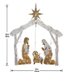  Measures 55" high x 51" wide • Pre-lit with 150 UL listed clear lights • For indoor or outdoor use • Packed in a storage carton • Ground stakes inclu