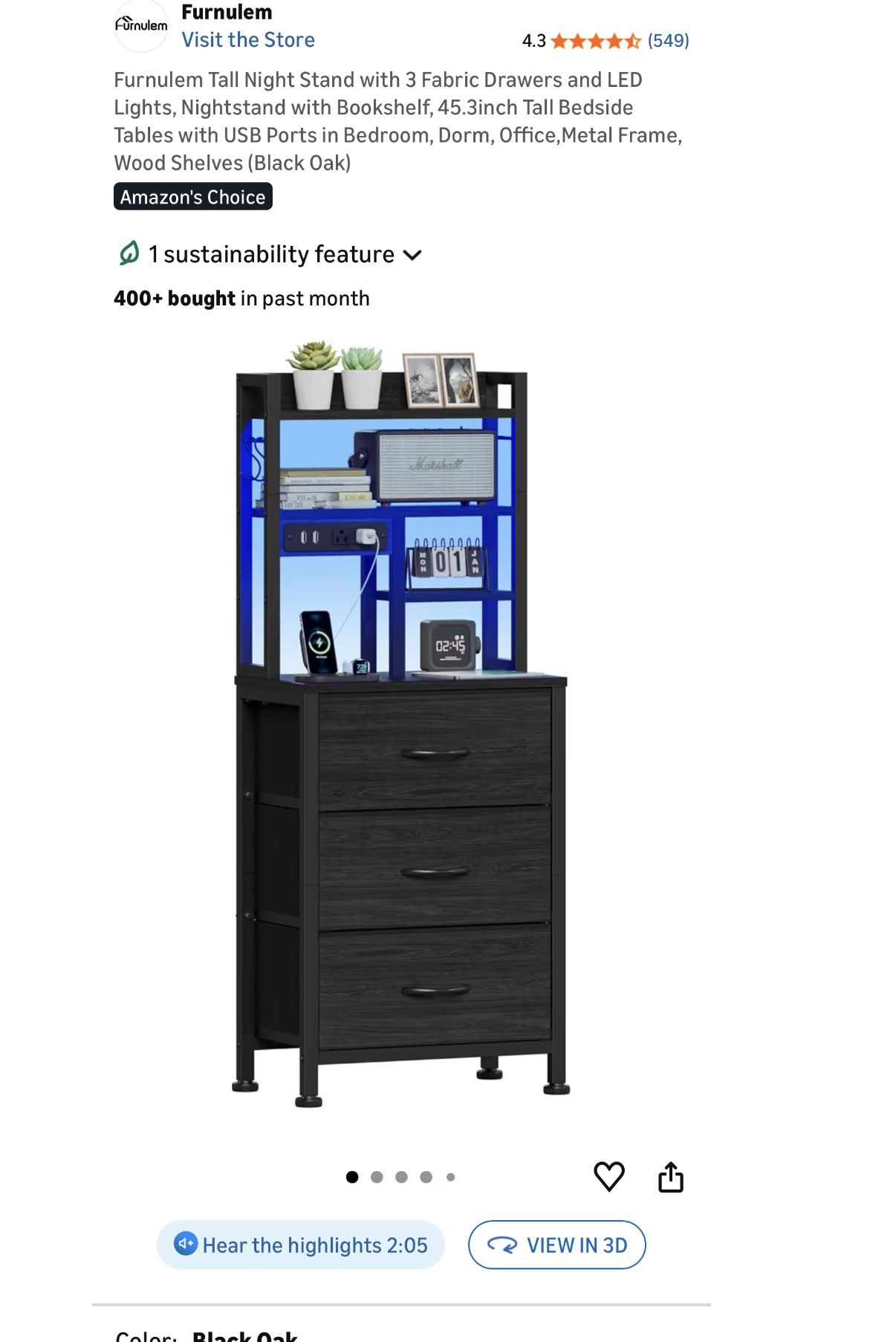 Furnulem Tall Night Stand with 3 Fabric Drawers and LED Lights