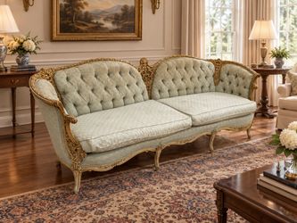 Antique Vintage French Provincial Sofa Louis XV Rococo Tufted Settee Carved Wood Couch! Some discoloration and wear. Sturdy.  91x35x32in