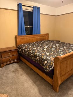 Wood Sleigh king Bed Frame with mattress and 2 night stands