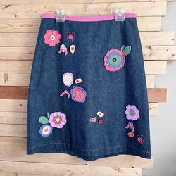 Boden Vintage Denim Floral Applique Midi Aline Skirt size 14R