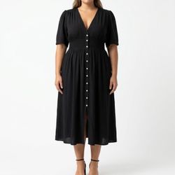 BloomChic Black V Neck Midi Dress 18 20 Whimsigoth Dark Academia Vintage Style Button