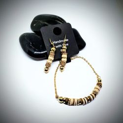 Tans, Browns  & Gold Beaded Bracelet & Earring Set