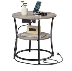 21.7-Inch Round Side Table, 2-Tier End Table with Power Outlets, Nightstand with Steel Frame, Spacious Top, for Small Spaces, Living Room, Bedroom, He
