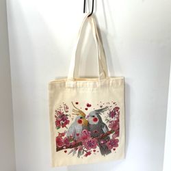 “Cockatiels” Scene Canvas Tote Bag Handcrafted Diamond Art 13” x 11” NWT