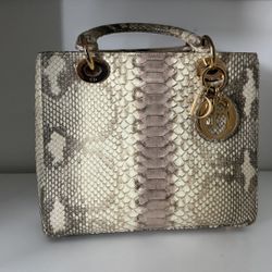 Dior Snake Animal Print Beige Top Handle Satchel Bag Gold Hardware Logo Accent