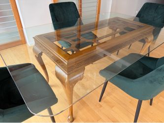 Dining table glass top and carved base