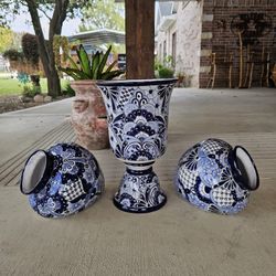 Talavera Blue And White Urn And 2 Leaning Pots. Clay Pots. Planters. Plants, Pottery.