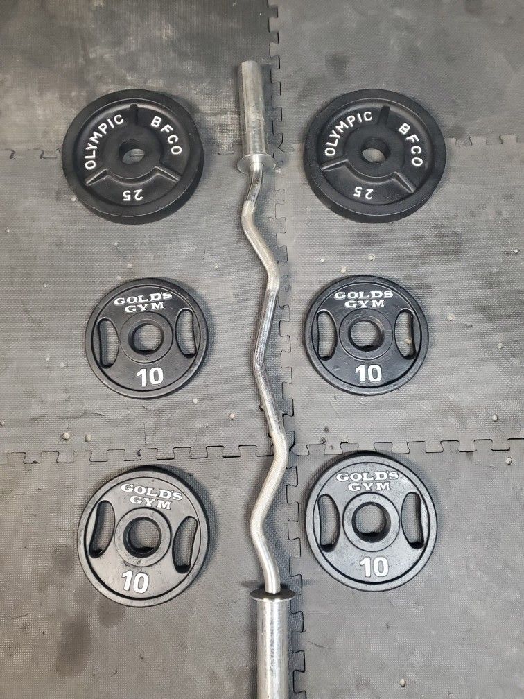 Olympic Curl Weight Set Includes Solid 20lb bar 2x25lbs 4x10lbs That's 110lbs all together With Bar