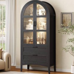 71" Arched Display Kitchen Pantry Cabinet with LED & 2 Drawer,Black Farmhouse 71