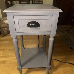 Gray Wooden Side Table with Drawer & Built-In Power Outlet/USB Ports