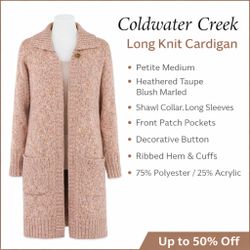 Coldwater Creek Long Knit Cardigan PM Heathered Taupe Blush Marled