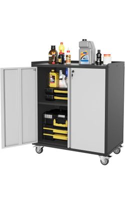 Metal Garage Storage Cabinet with Wheels and Handle, Lockable Rolling Tool Cabinet with Adjustable Shelf, Rust-Resistant Steel Utility Cabinet for Gar