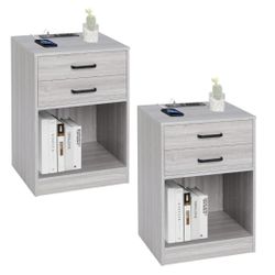 🥨Set of 2 Grey Nightstands  with Charging Station & 2 Drawers, end table, side table for Bedrooms