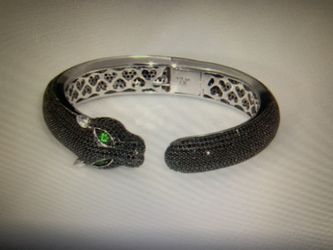 Black Spinel Sterling Silver Panther Bangle Bracelet 7.25 “ Silver 38 g