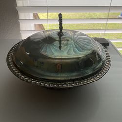 Vintage PYREX Silver Plated Casserole Serving Dish 10"Lid Glass Bowl 8" Diameter