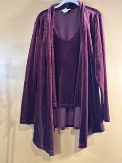HC1348. Susan Graver Style Plum Velvet Twin Set Cardigan and Sleeveless Top XL