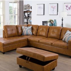 Caramel Brown Leather Sectional Couch With Storage Ottoman And Pillows 